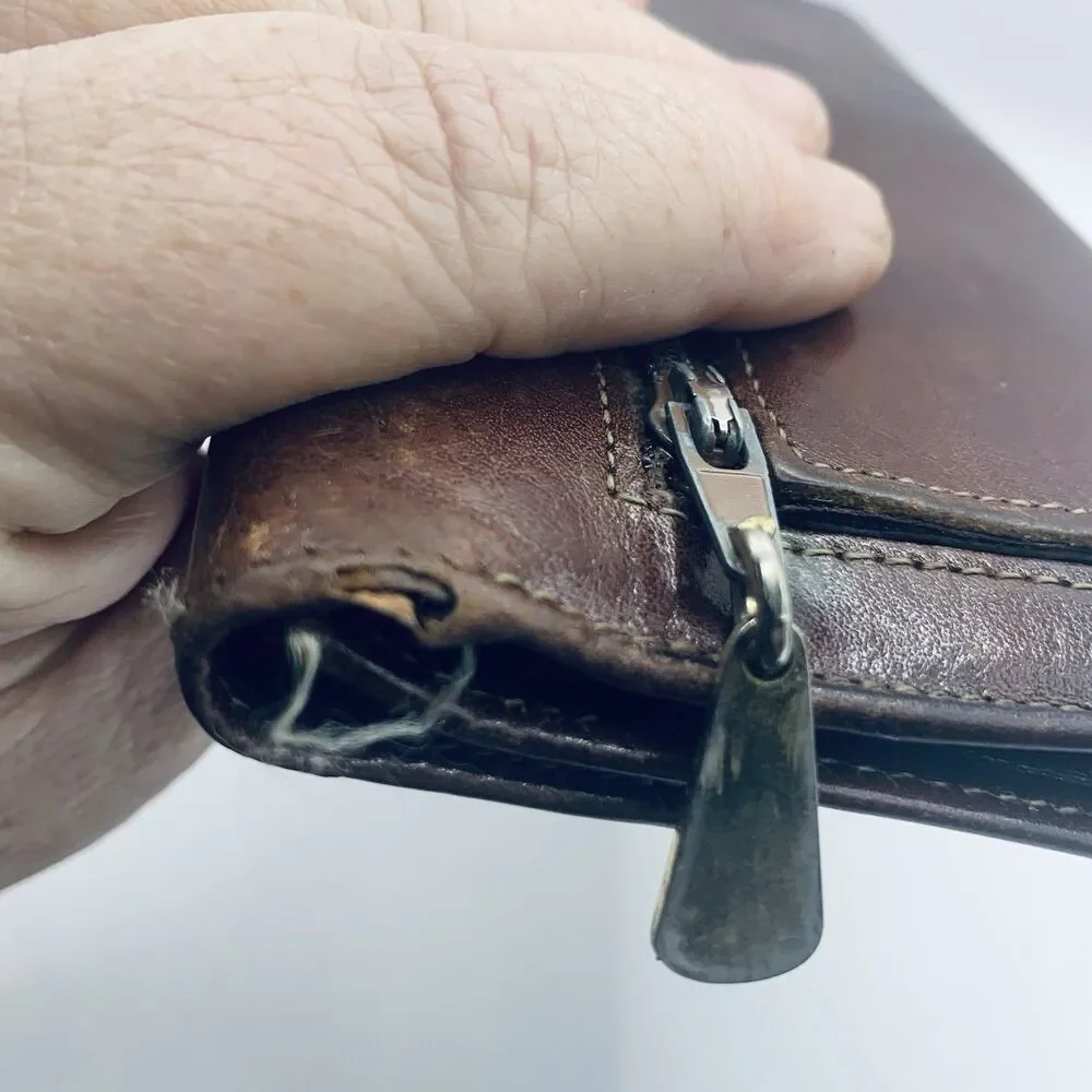 BOSCA Brown Hand Stained Hide Tri Fold ID Card Wallet Multi Card Coin Pocket